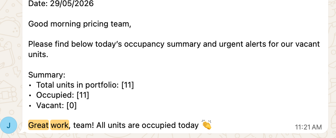 WhatsApp owner update: 11 of 11 units occupied today, great work team.